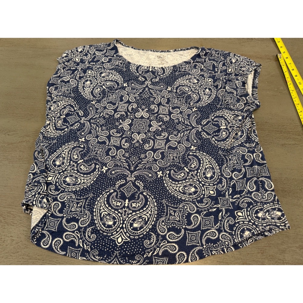 Westport 1962 Women 2X Navy Blue White Paisley Bandana Short Sleeve Top